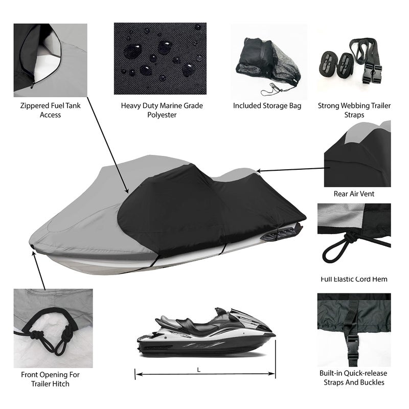JETPRO JetPro Trailerable Jet Ski Cover, Waterproof Marine Grade 600D Heavy Duty Polyester PWC Cover Gray/Black Color Fits from 116"-125" 2 Seater - Image 2